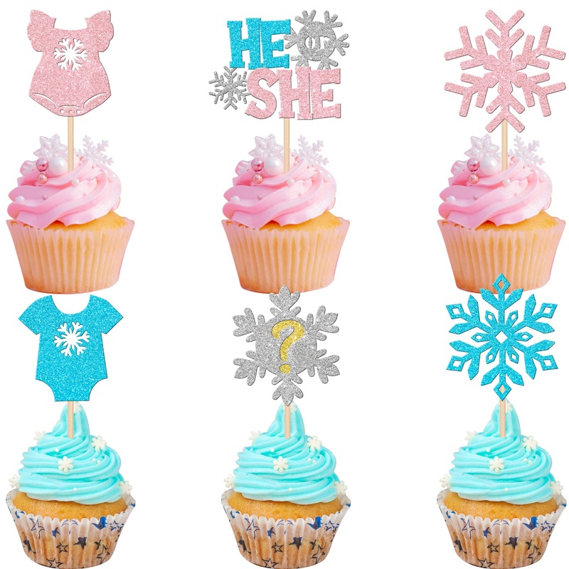 24 Pcs Snowflake Gender Reveal Cupcake Toppers Pink Blue Glitter He Or She Snowflake Cupcake Picks Boy Or Girl Cake Decorations