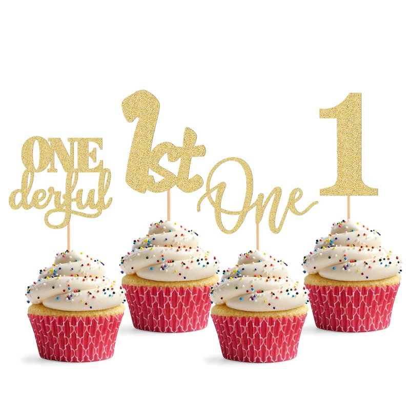 24Pack First Birthday Cupcake Topper – Glitter Gold One Cupcake Picks,1St Birthday Cupcake Decorations Supplies (Gold)