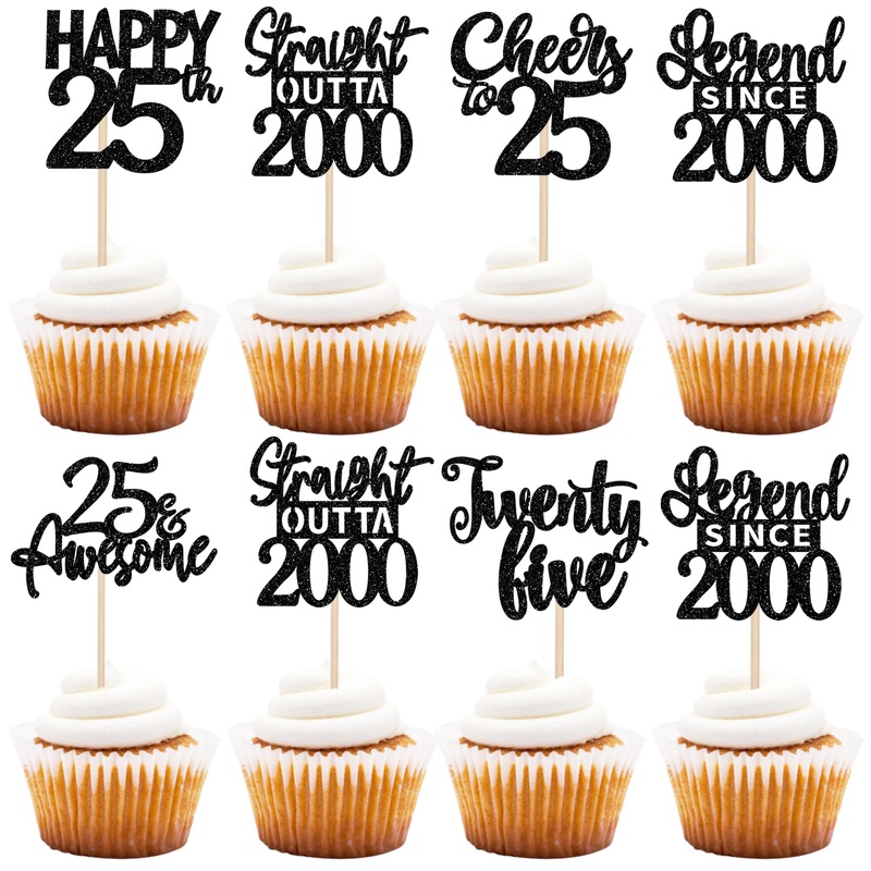 24Pcs Black Happy 25Th Birthday Cupcake Toppers Twenty Five Straight Outta 2000 Cupcake Picks Cheers To 25 Lengend Since 2000 Ca