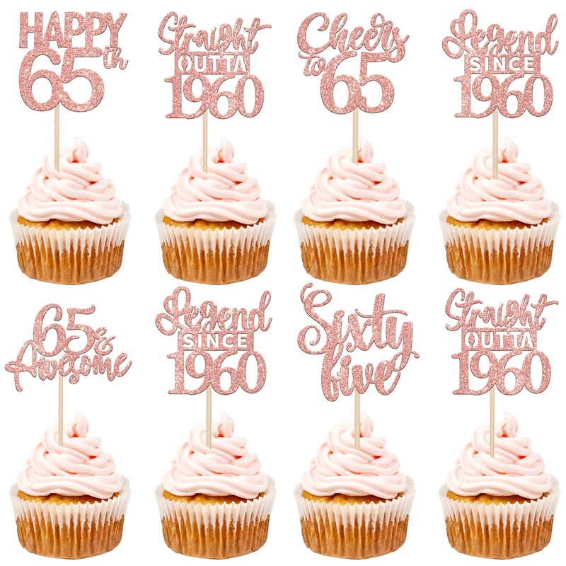 24Pcs Rose Gold Happy 65Th Birthday Cupcake Toppers Sixty Five Straight Outta 1960 Cupcake Picks Cheers To 65 Lengend Since 1960