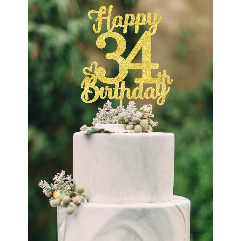 34 Birthday Cake Toppers-Gold Glitter, 34Th Cake Topper For Men,34 Cake Topper For Women, 34Th Birthday Decorations,34Th Birthda