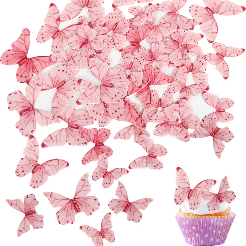 40Pcs Edible Butterflies For Cake Decorating – Vivid Butterfly Cupcake Toppers For Wedding, Anniversary, Birthday Parties – Pink