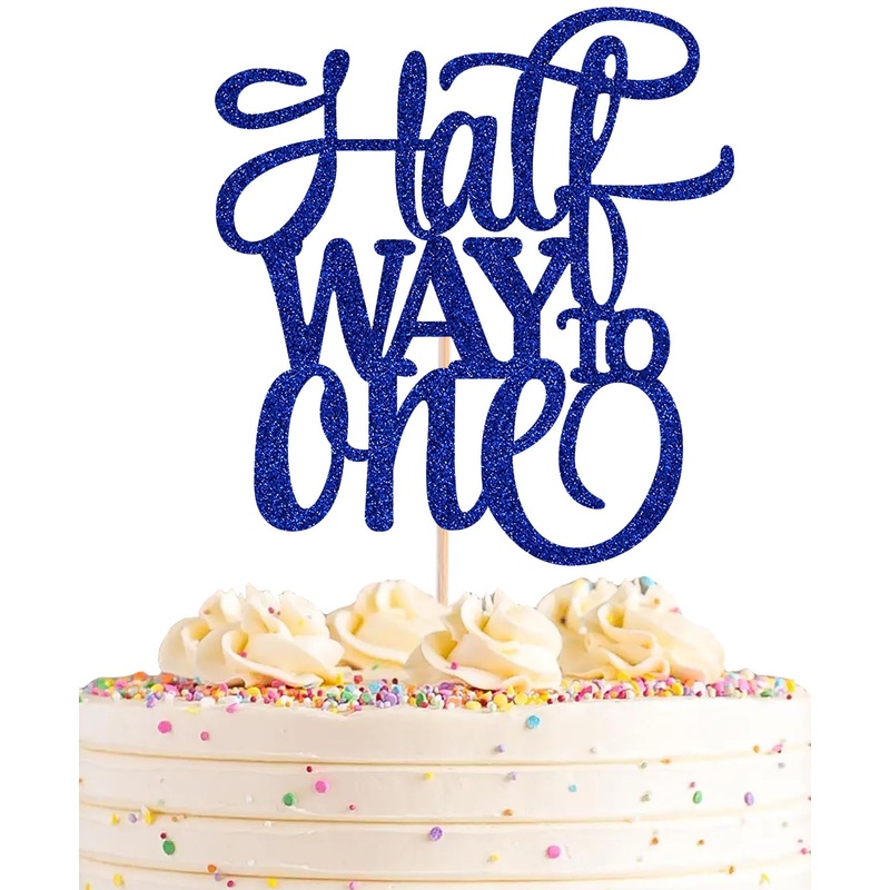Ahaoray Half Way To One Cake Topper – Blue Glitter 6 Months Birthday Decorations Supplies – Half Birthday Decorations Baby Girl,