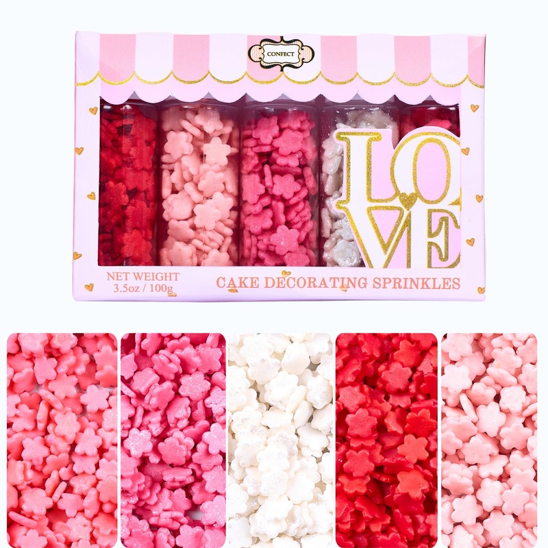 Confect Pink, Red & White Flowers Sprinkles | Anniversary Sprinkle | Sprinkles For Baking & Cake Decorative | Cookie Sprinkles |