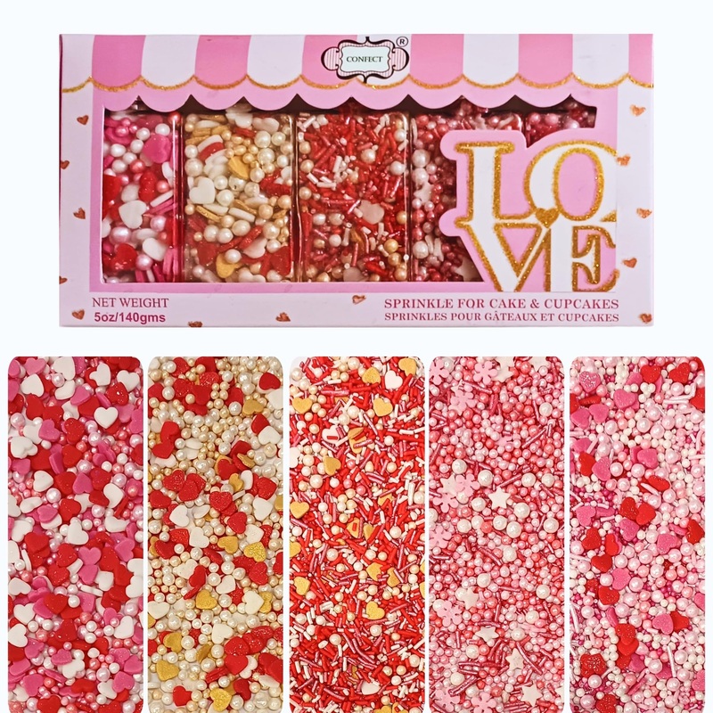 Confect Red, Pink & White Pearls Sprinkles | Mix Heart & Valentine Sprinkles | Sprinkles For Baking & Cake Decorative | Edible S