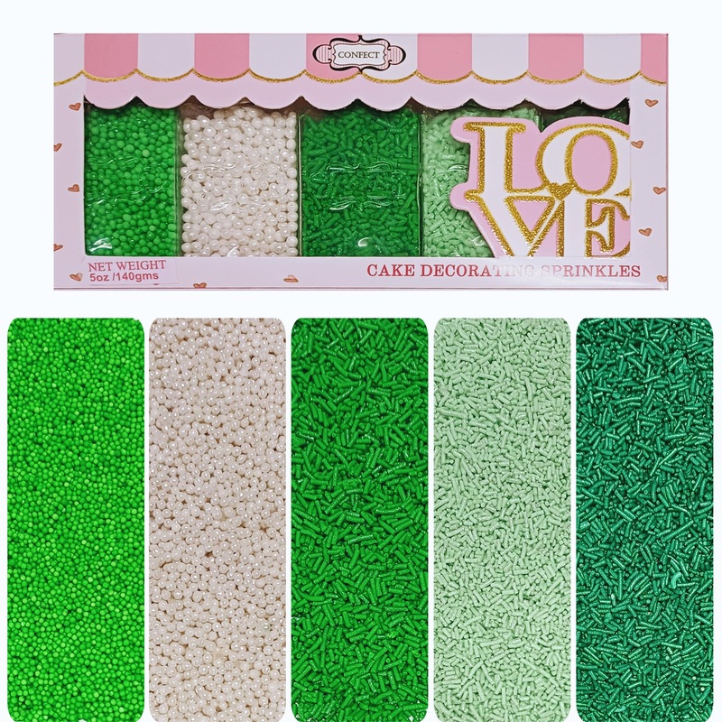 Confect St. Patricks Day Sprinkles Mix – Pea Green, Mint Green & White Pearl Dragees, Vermicelli, Edible Sugar Decorations – Pac