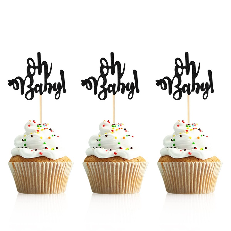 Donoter 48 Pcs Black Glitter Oh Baby Cupcake Topper Picks For Baby Shower Gender Reveal Party Cake Decorations
