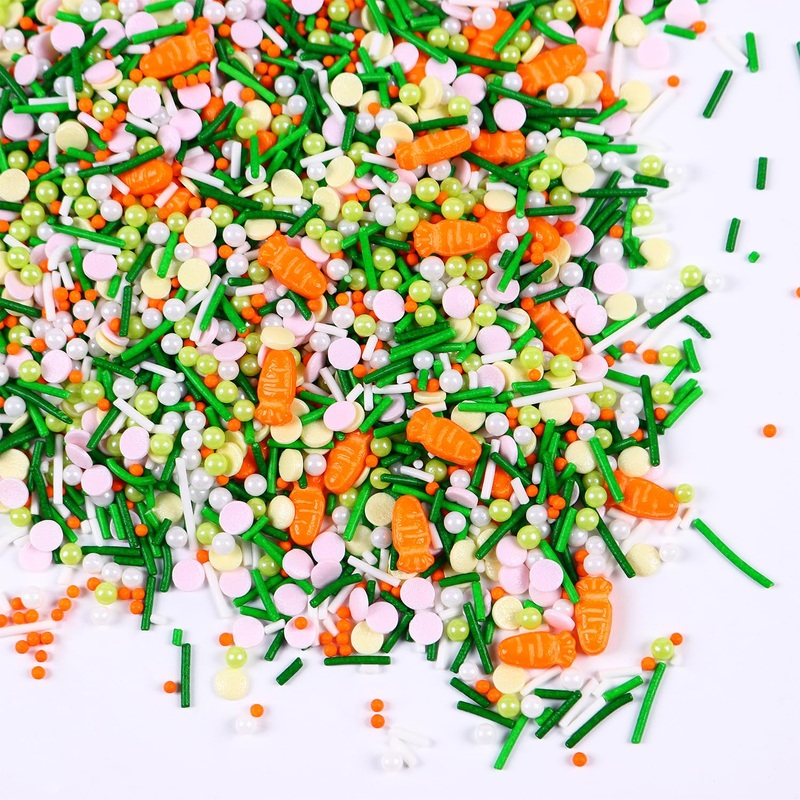 Edible Easter Sprinkles For Cake Decorating, Edible Carrot Sprinkles, Round Sprinkles, And Jimmy Spring Sprinkles For Easter Car