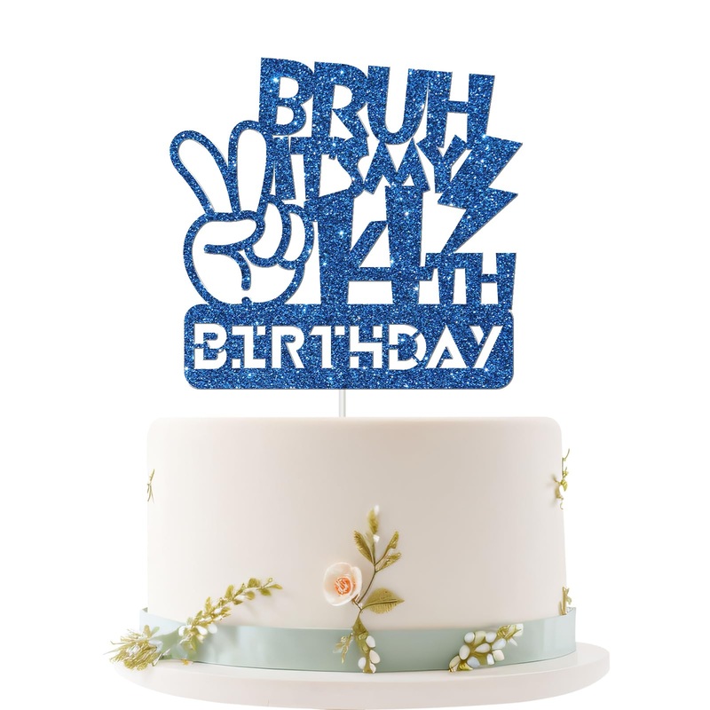 Embhhor Bruh It’S My 14Th Birthday Cake Topper, Dude Bro I’M 14, Teen Boys Happy 14Th Birthday Party Cake Decorations, Blue Glit