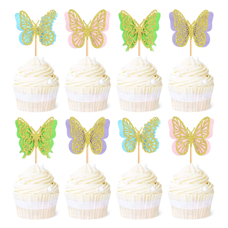 Ercadio 24 Pack Butterfly Cupcake Toppers – Glitter Double Layers Gold Butterfly Cupcake Picks 3D For Wedding Anniversary Kids B