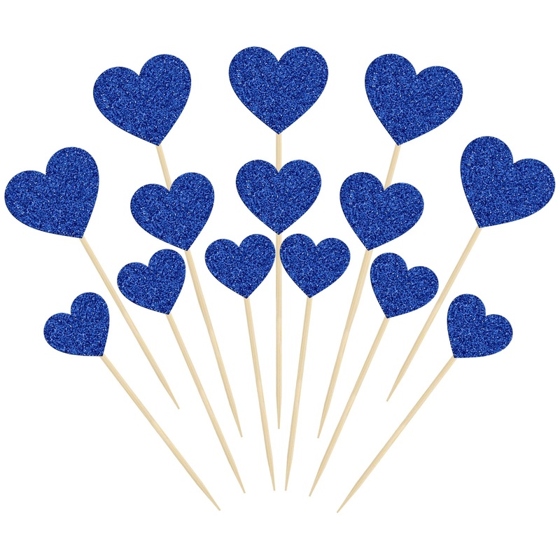 Gyufise 30Pcs Heart Cupcake Toppers Deep Blue Glitter Sweet Love Heart Cupcake Pick Decorations Valentine’S Day Cake Decorations