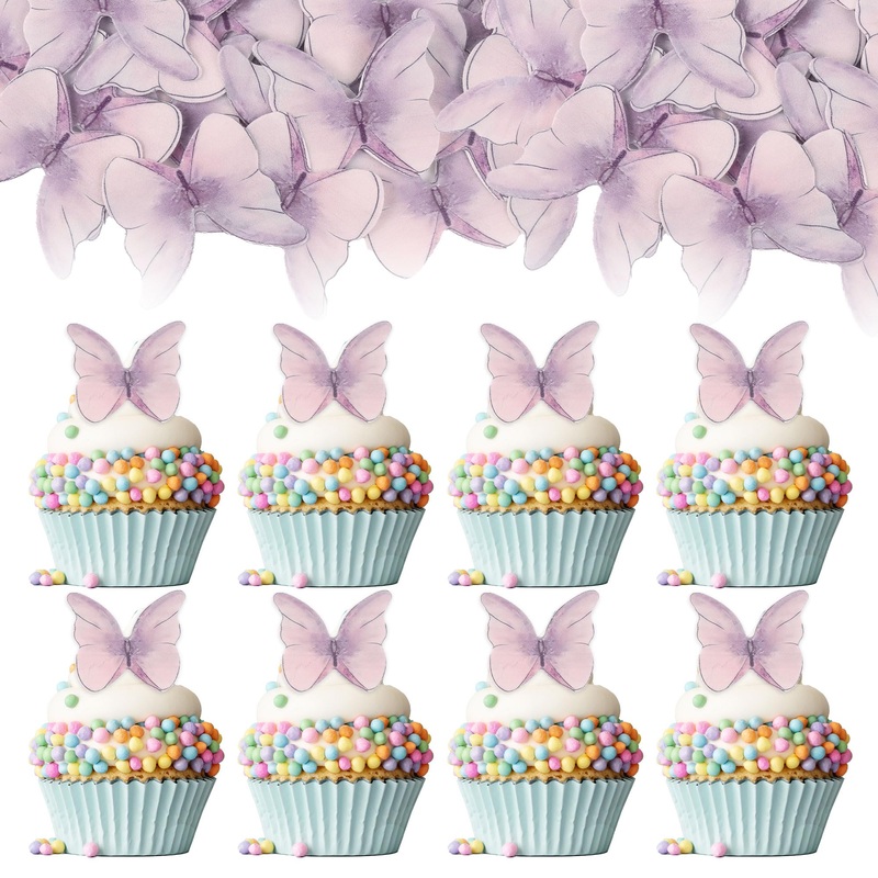 Gyufise 48Pcs Edible Butterfly Cake Decorations – Wafer Paper Butterflies & Cupcake Toppers – Purple