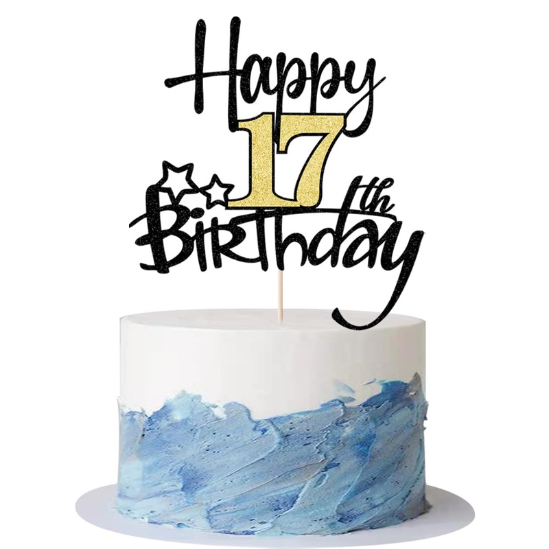 Kaoenla Black Gold Glitter Happy 17Th Birthday Cake Topper – Hello 17/Cheers17,Happy Seventeen Birthday Anniversary,17 Years Old