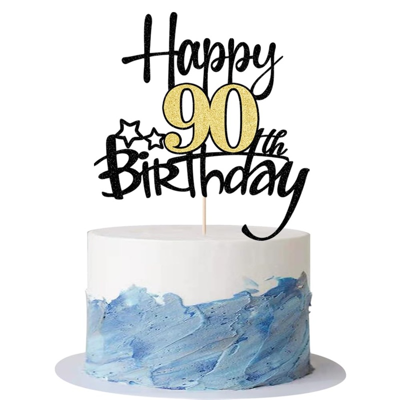 Kaoenla Black Gold Glitter Happy 90Th Birthday Cake Topper – Hello 90/Cheers 90,Happy Ninety Birthday Anniversary,90 Years Old B