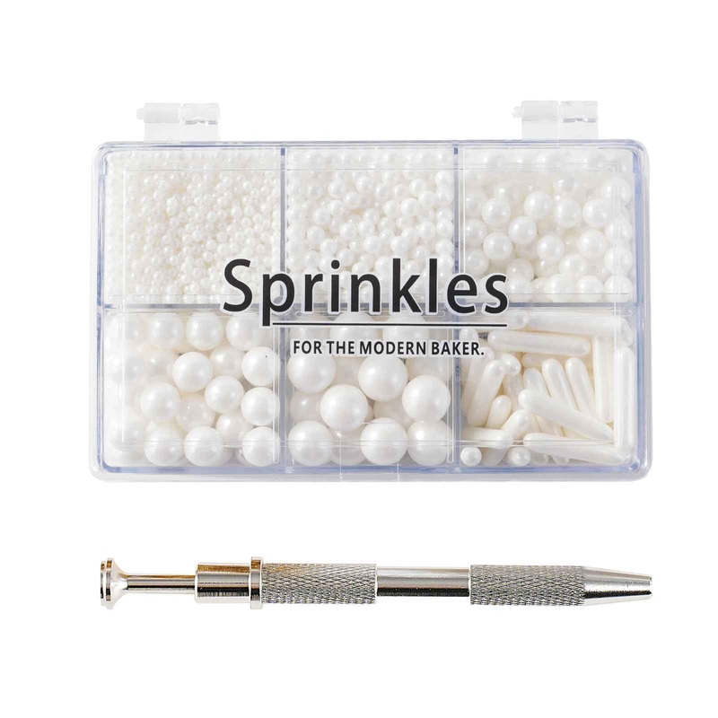 Kasvan White Mix Sugar Sprinkles – Edible Candy Pearls With 4-Claw Sprinkle Pen,118G/4.16 Oz, Gift Box Pack, Baking Cake Decorat