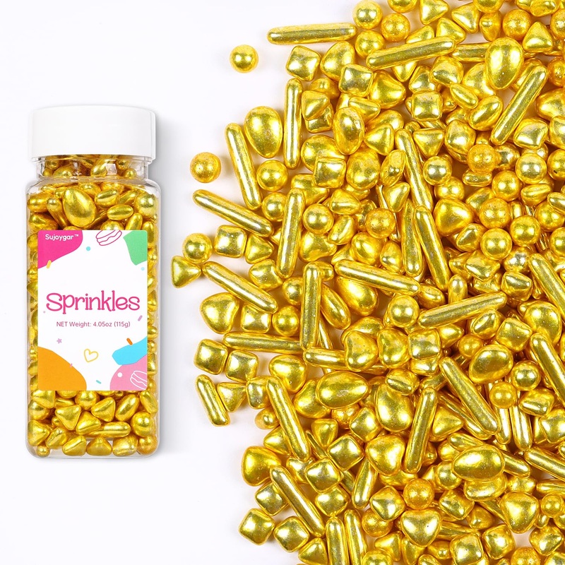 Metallic Gold Sprinkles, Sprinkles For Cake Decorating Baking Cupcake Toppers Cookie Decorations, Gold Pearls Rods Sugar For Lov