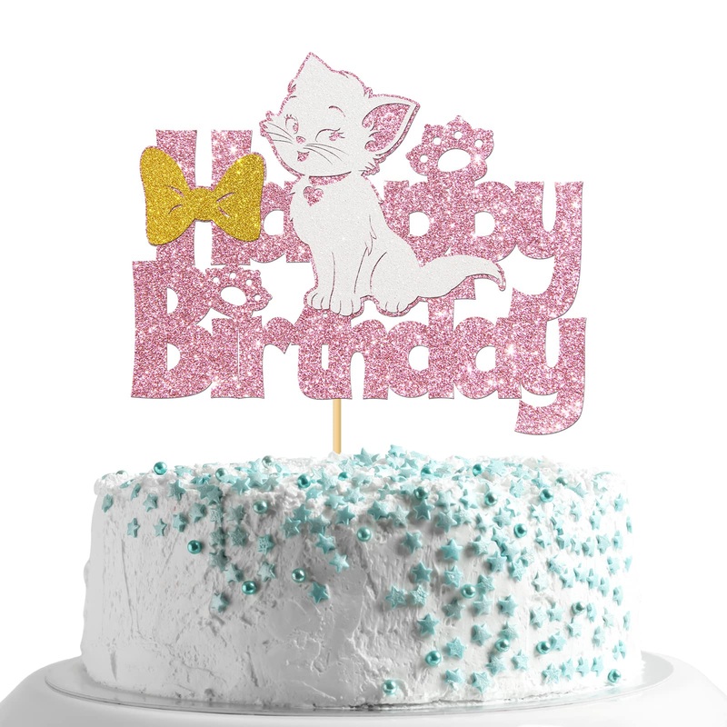 Monmon & Craft Happy Birthday Cat Cake Topper/Girl Kitty Birthday Cake Decor/Baby Shower/Meow Pet Cat 1St Birthday Party Decorat