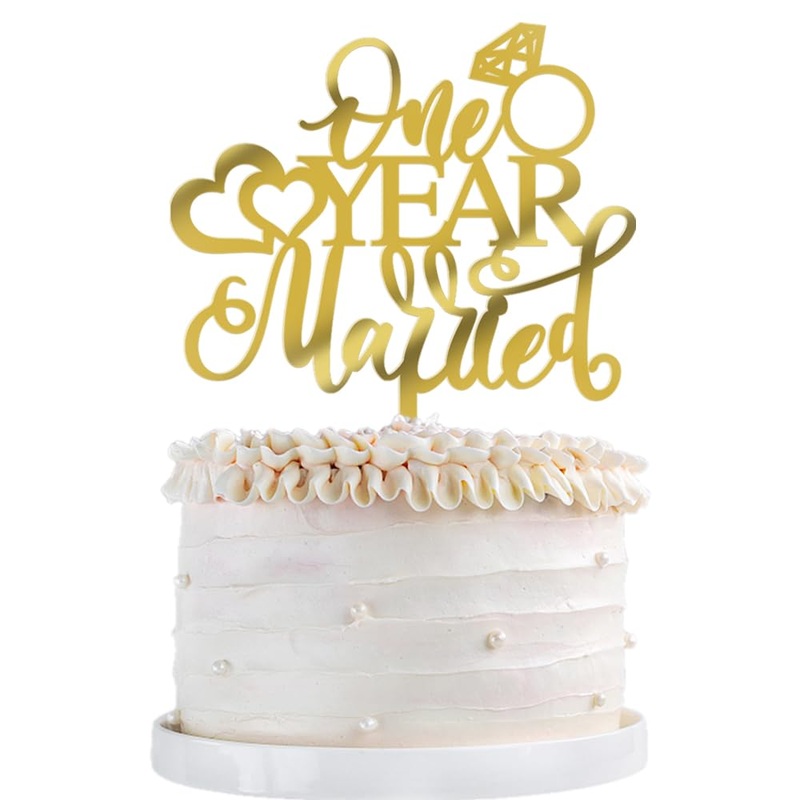 Qertesl Acrylic One Year Married Cake Topper – 1St Wedding Anniversary Cake Topper -Anniversary Party Decorations,One Year Anniv