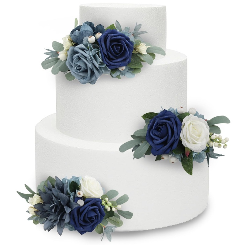 Rinlong 3Pcs Pre-Made Cake Toppers Navy Blue Flowers Cake Decorations Wedding Cake Decorating Flowers Decor Birthday Baptism Par
