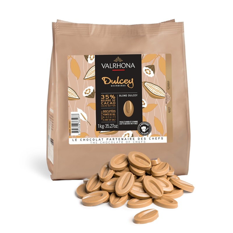 Valrhona Premium French Baking Blonde Chocolate Discs (Feves). Dulcey 35% Cacao. Creamy, Caramel Cookie Flavor Notes. Easy Melt