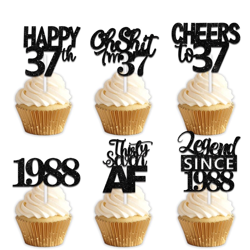 18Pcs Black Glitter Happy 37Th Dessert Cupcake Topper Pick For Funny Legend Since 1998 Theme Decor Supplies Men Women Happy 37 B