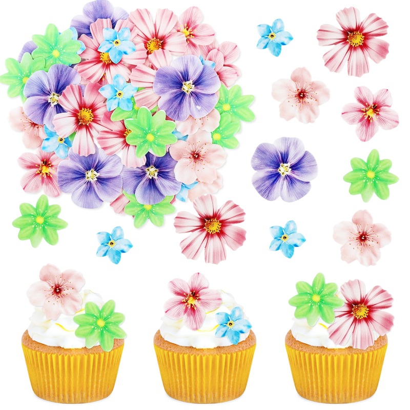 40 Pcs Edible Wafer Paper Flowers Cupcake Toppers Beautiful Flowers Cupcake Drink Topper Picks Edible Flowers Cupcake Decor For