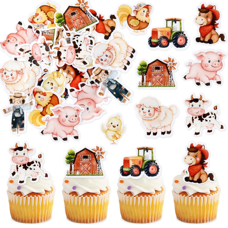 45Pcs Edible Farm Theme Cupcake Toppers Wafer Paper Animal Cartoon Tractor Barnyard Cupcake Toppers Drink Topper Dessert Muffin
