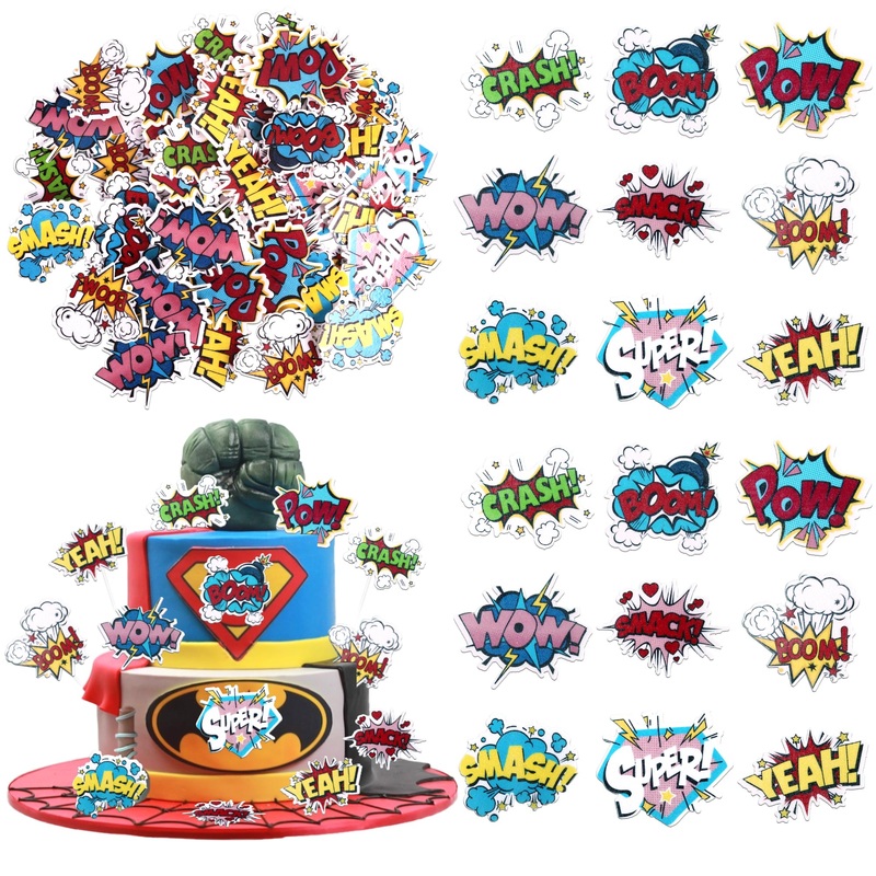 63 Pcs Edible Super Hero Boom Cupcake Toppers Smash Crash Pow Cupcake Picks Edible Superhero Cake Decorations For Celebrating He