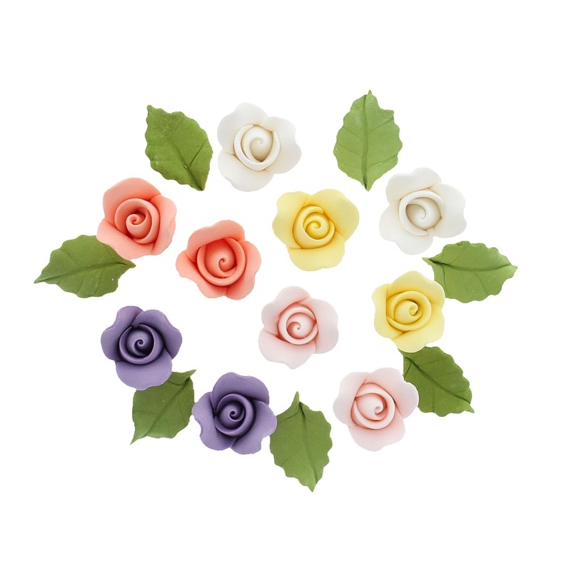 Global Sugar Art Roses And Leaves Edible Sugar Cake & Cupcake Wedding Flowers, Assorted Pastel Colors, Small Unwired, 30 Count,