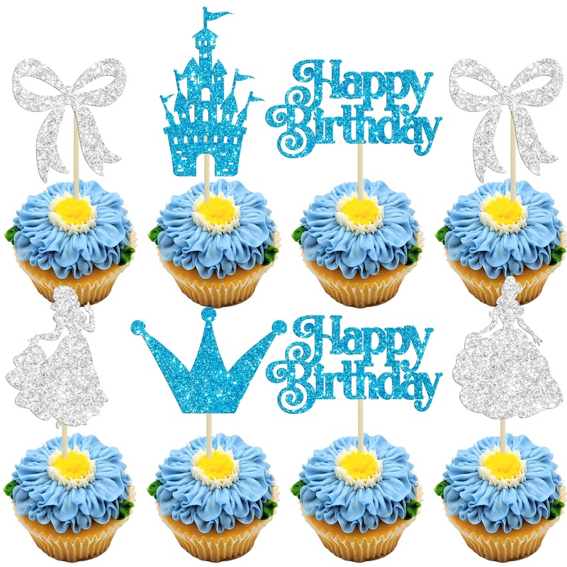 Gyufise 24Pcs Frozen Princess Cupcake Toppers Glitter Castle Bowknot Happy Birthday Cake Topper Decorations For Princess Happy B