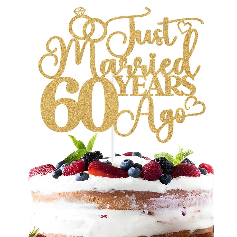 Just Married 60 Years Ago Cake Topper, 60Th Anniversary Cake Decor, 60 Years & Loved, Happy 60Th Wedding Anniversary Party Decor