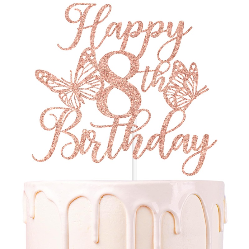 Rose Gold Glitter Happy 8Th Birthday Cake Topper, Butterfly Happy/Cheers To 8 Years, Butterfly Themed 8Th Party Decorations For