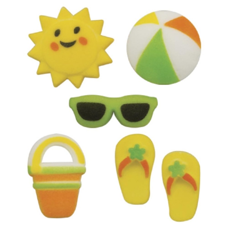 Summer Fun – Sunglasses, Bucket, Flip Flops, Beach Ball, And Sunedible Sugar Cake Toppers, 12 Count