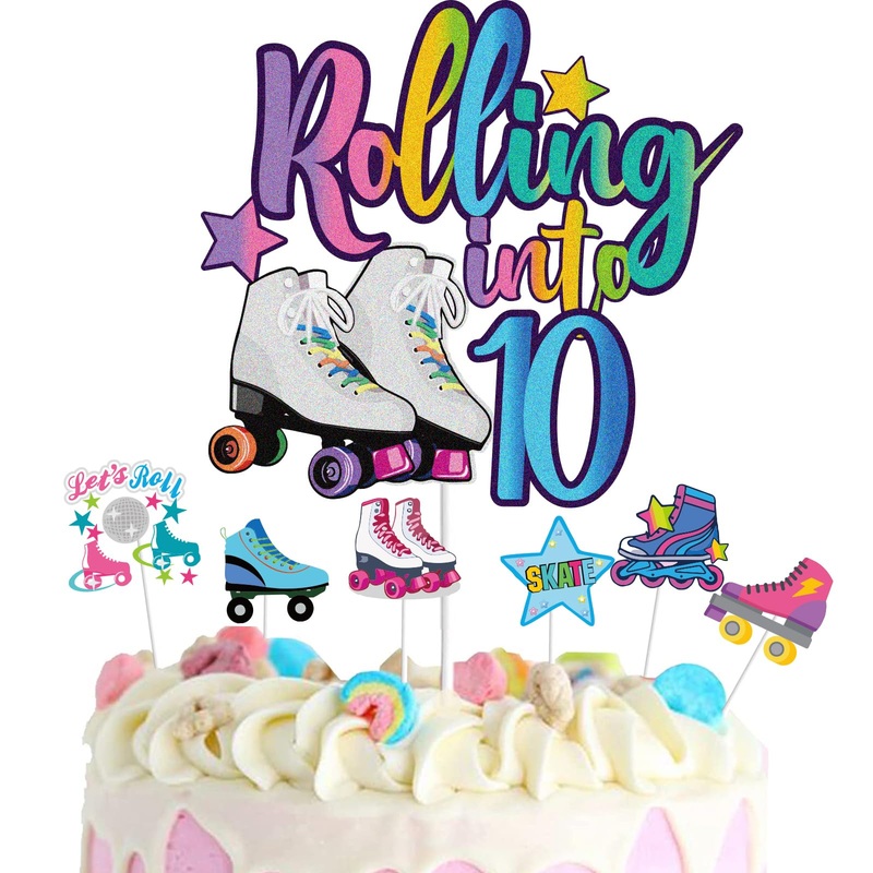 Winpogee 7Pcs Rolling Into 10 Theme Cake Toppers Sets Roller Skate Happy 10Th Birthday Themed Set Cake Decoration Girls Club Rol