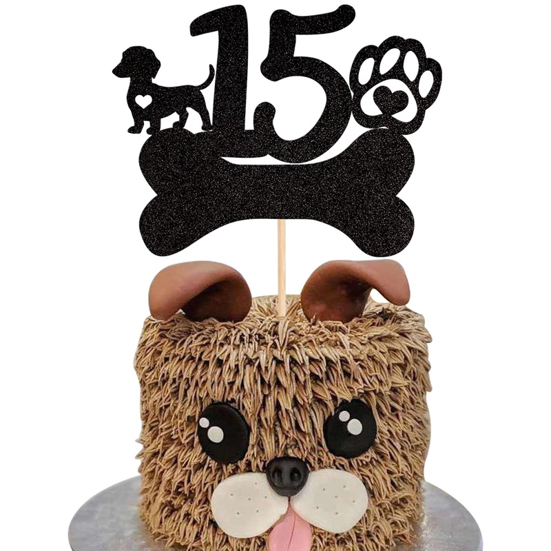 1 Pcs 15Th Birthday Cake Topper Black Glitter Dog Paw Fifteen Years Old Birthday Puppy Dog Bone Cake Pick For Let’S Pawty Baby S