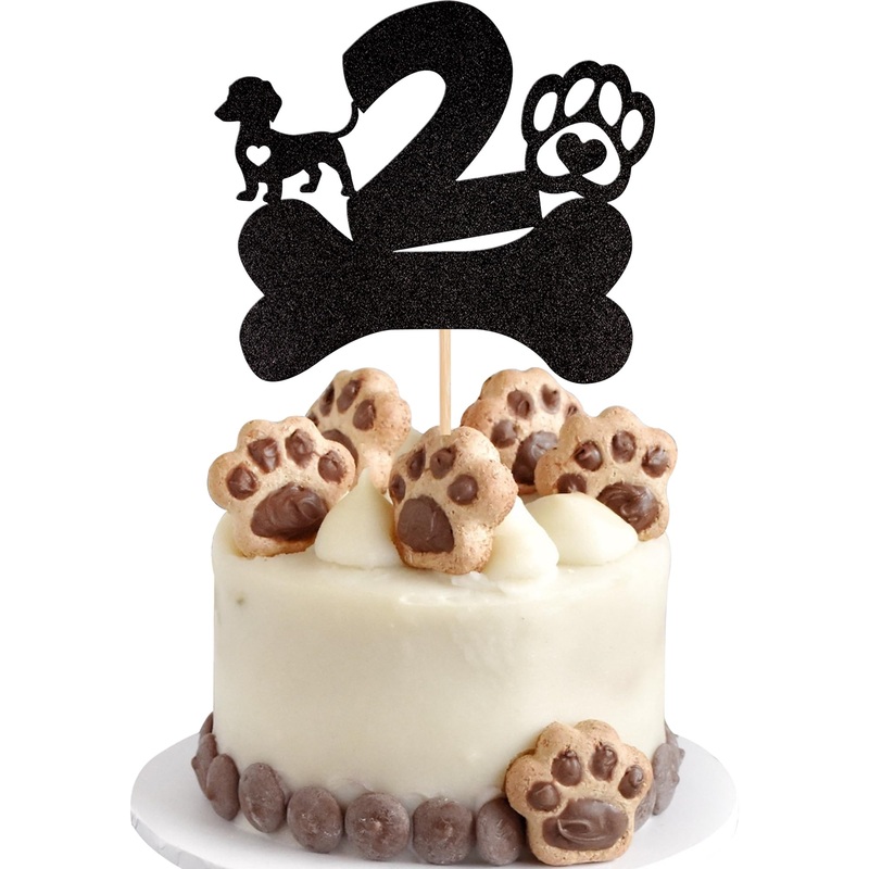 1 Pcs 2Nd Birthday Cake Topper Black Glitter Dog Paw Two Years Old Birthday Puppy Dog Bone Cake Pick For Let’S Pawty Baby Shower