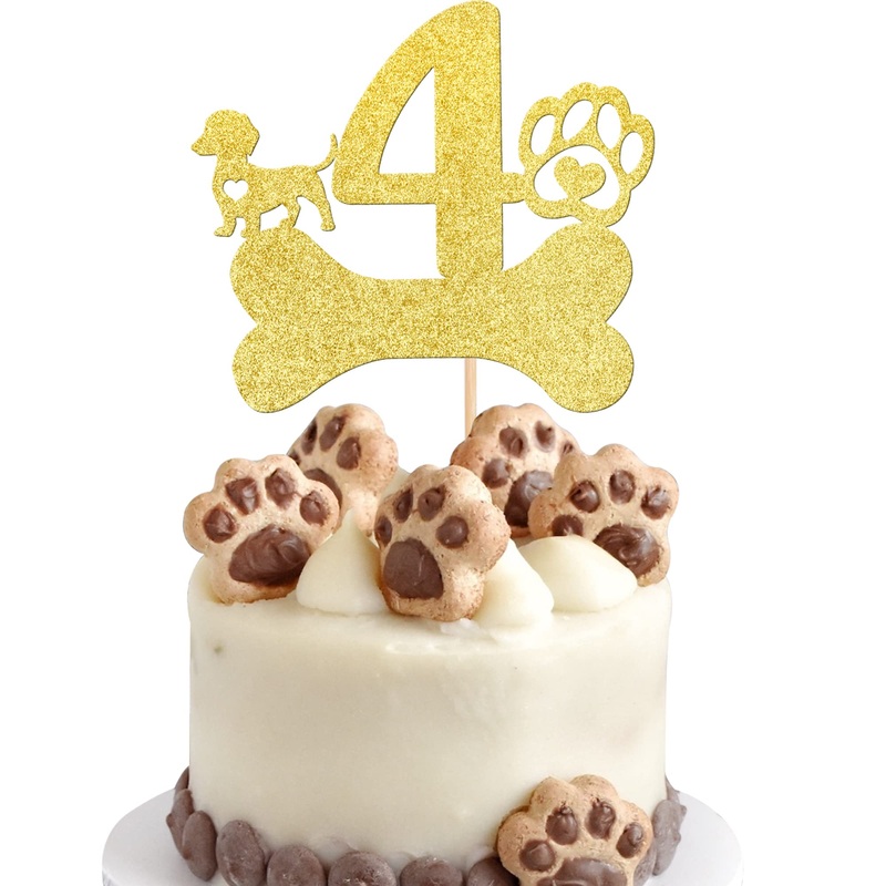 1 Pcs 4Th Birthday Cake Topper With Gold Glitter Dog Bone Four Years Old Birthday Cake Pick Puppy Dog Paw Cake Decorations For L