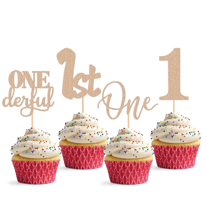 24Pack First Birthday Cupcake Topper – Glitter Rose Gold One Cupcake Picks,1St Birthday Cupcake Decorations Supplies (Rose Gold)