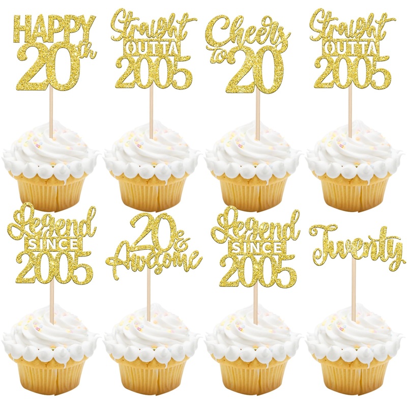24Pcs Gold Happy 20Th Birthday Cupcake Toppers Twenty Straight Outta 2005 Cupcake Picks Cheers To 20 Lengend Since 2005 Cake Dec