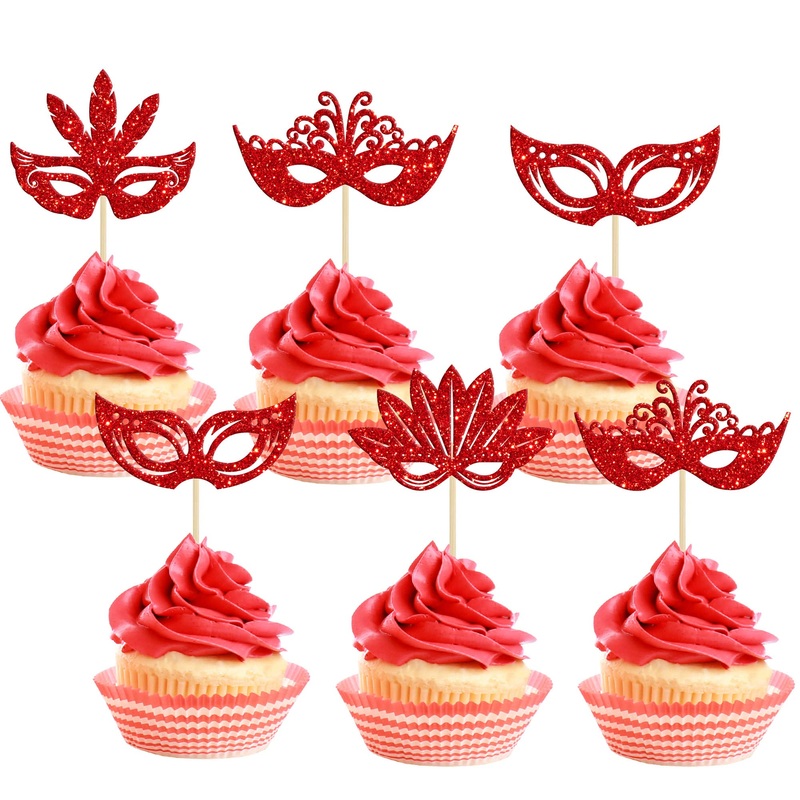 24Pcs Masquerade Masks Cupcake Toppers Red Glitter Mask Cupcake Picks For Masquerade Mardi Gras Party Baby Shower Birthday Weddi
