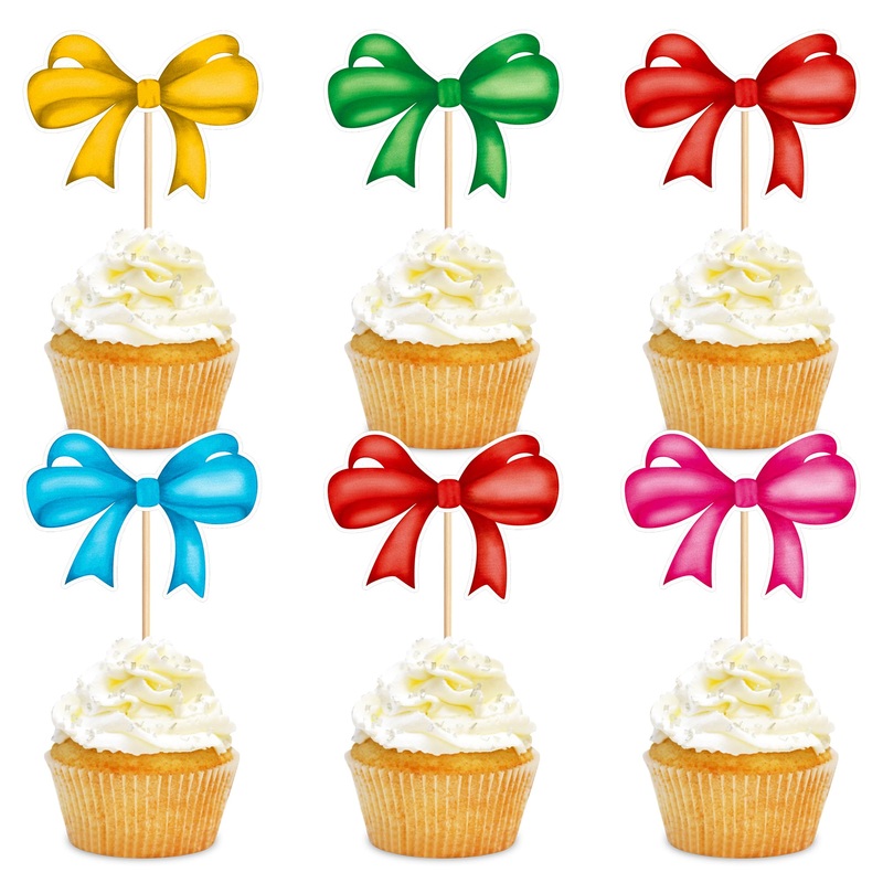 Cyodoos 24Pcs Color Bowknot Cupcake Toppers Cake Dessert Picks Decoration For Baby Shower Princess Cupcake Toppers For Birthday