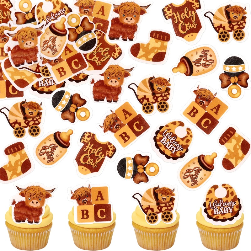 Cyodoos Edible 40Pcs Highland Cow Cupcake Toppers Farm Animals Cupcake Picks Highland Cow Theme Baby Shower Kids Birthday Party