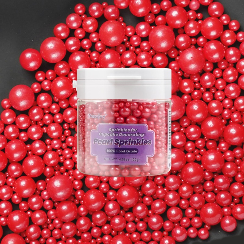 Dazzjoy Edible Christmas Red Pearl Sugar Sprinkles, Mix Size, 4.58Oz, Red Sprinkles For Cupcake Decorating, Baking Cake Decorati