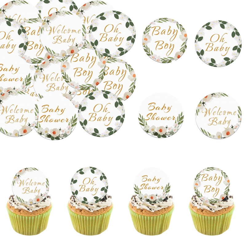 Fyeoxle 48 Pack Edible Baby Shower Cupcake Toppers Wafer Paper Jungle Leaves Oh Baby Wecome Baby Cupcake Picks Greenery Frames B