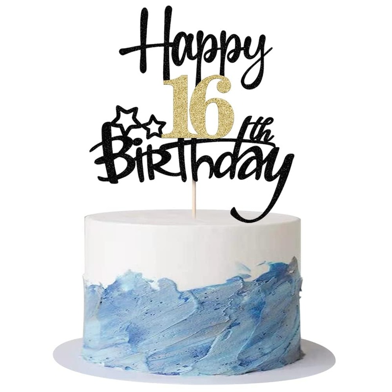 Kaoenla Black Gold Glitter Happy 16Th Birthday Cake Topper – Hello 16/Cheers16,Happy Fsixteen Birthday Anniversary,16 Years Old