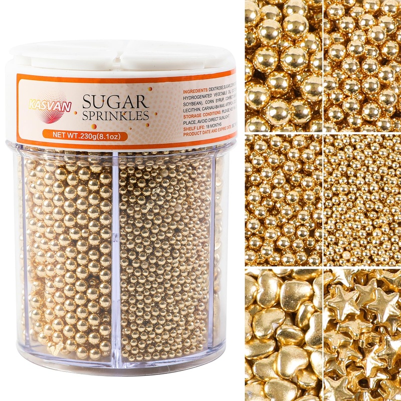 Kasvan Gold Pearl Sugar Sprinkles, 6 Sizes Mix For Cake Decorating, 230G/8.1Oz, Ice Cream Toppings And Cookie Decorating, Weddin