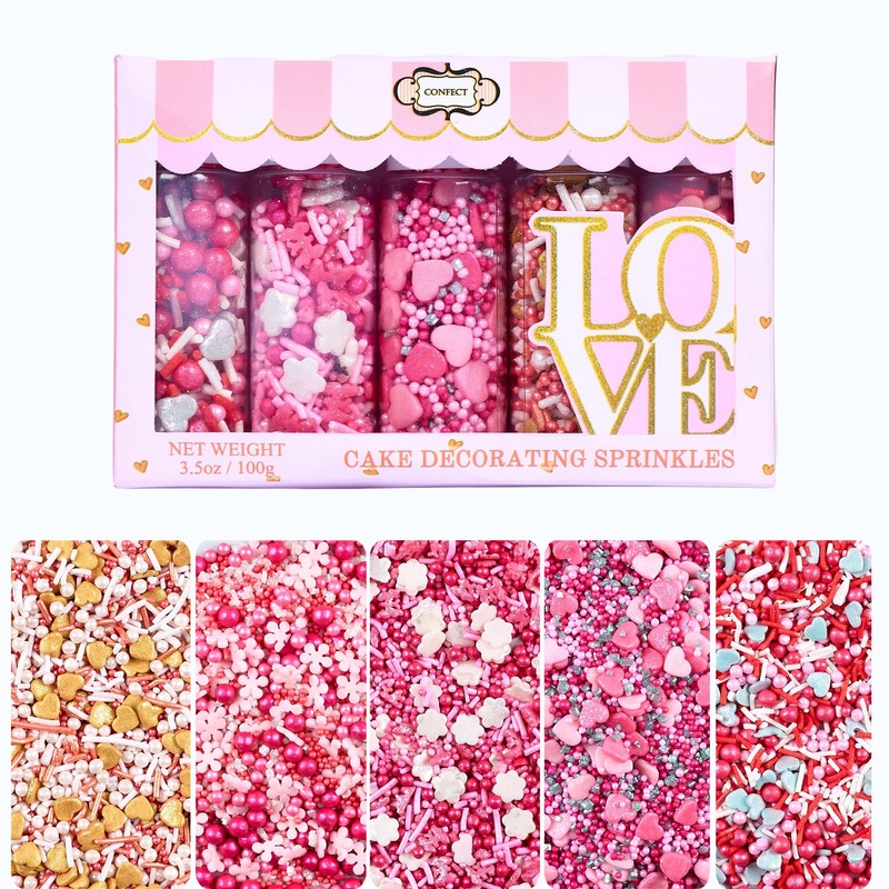 Pretty In Pink, Gold & White Pearl Sprinkles Mix – Edible Heart Sprinkles For Cakes, Cupcakes, Cookies – Spring, Birthday & Baki