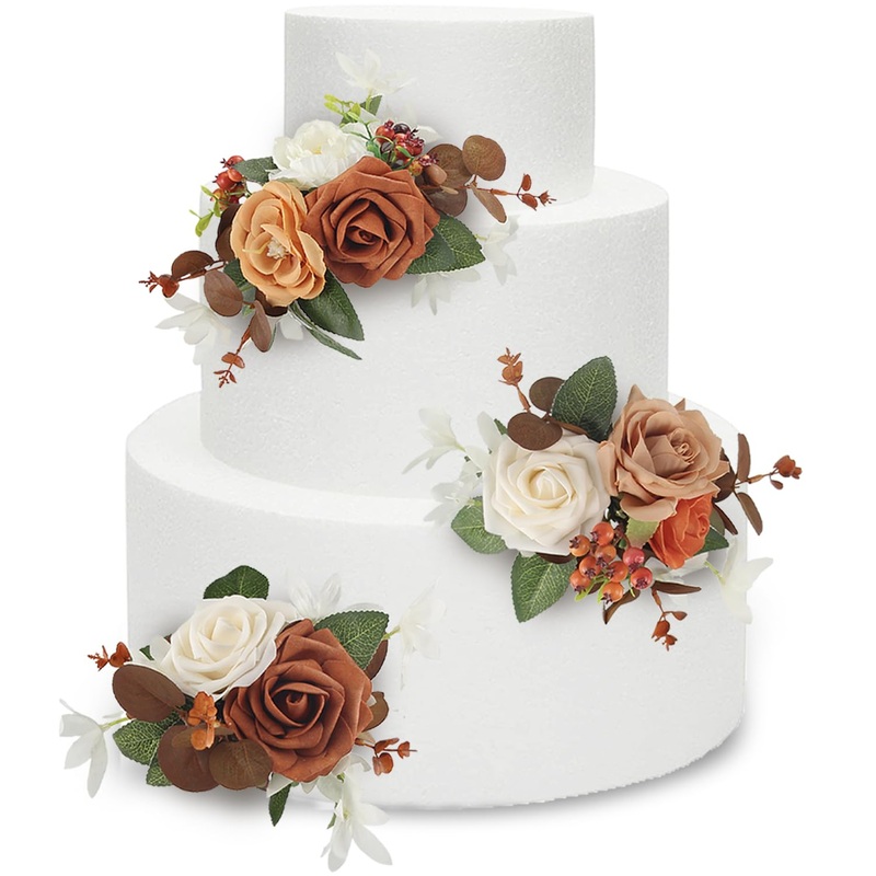 Rinlong 3Pcs Cake Topper Set Artificial Flowers For Cake Decor Burnt Orange Fall Wedding Cake Decorating Flowers For Baby Shower