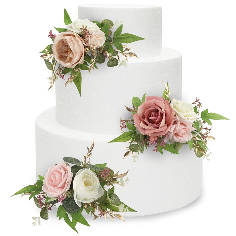 Rinlong 3Pcs Pre-Made Pink Cake Topper Flowers Cake Decorations Wedding Cake Decorating Flowers Decor For Baptism Girl Baby Show