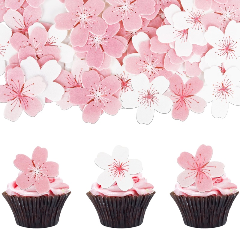 ZHUOWEISM 60 PCS Pink Edible Cherry Blossoms Flowers Cake Decorations, Wafer Paper Cupcake Toppers for Baby Shower & Birthday Party